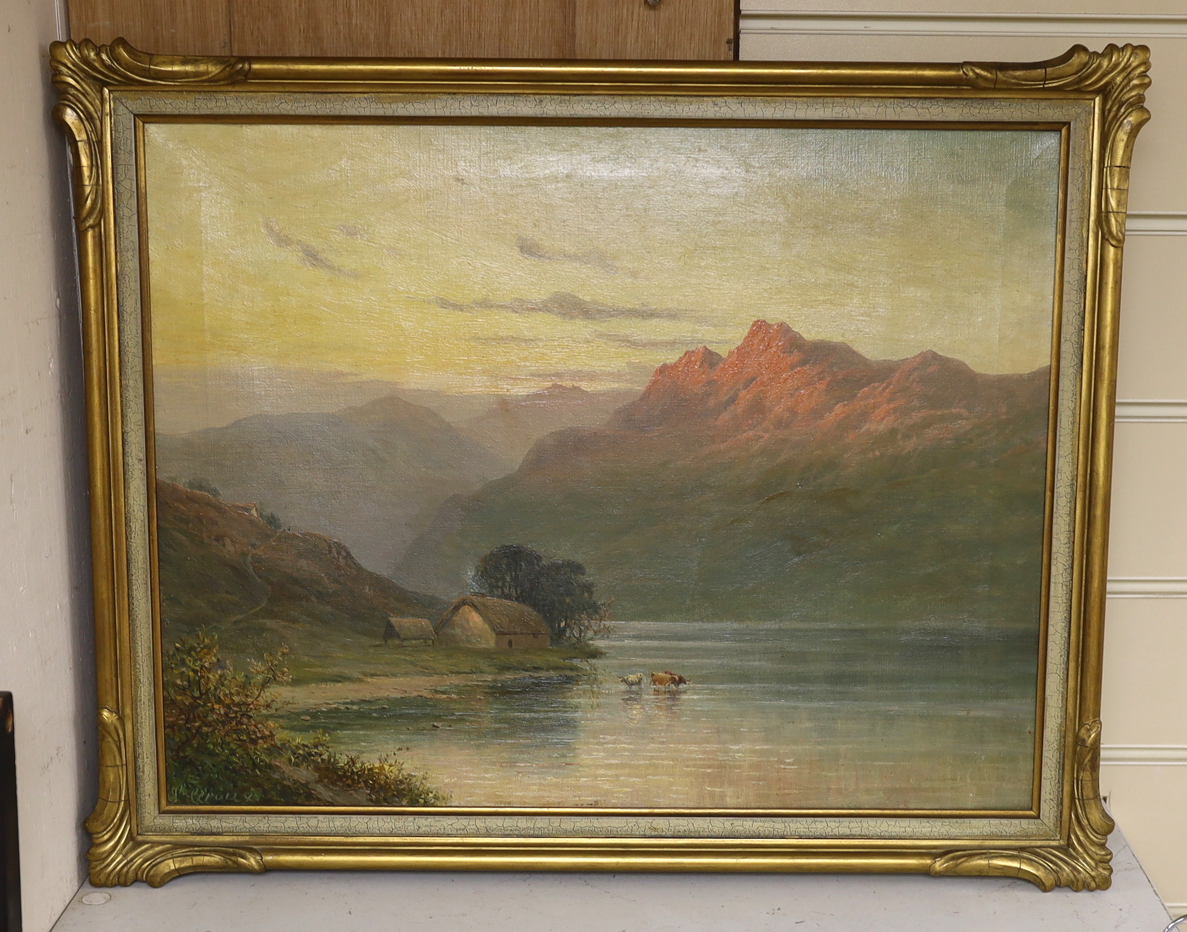 L. Leroux (19th.C), oil on canvas, Mountainous loch scene with highland cattle, ink inscription verso, 34 x 44cm